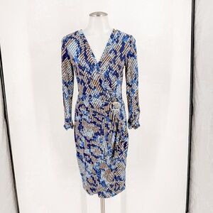 Cache Blue and Tan Snake Patterned Long Sleeve Dress